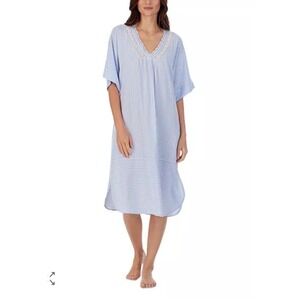 Eileen West Women M Striped Caftan Nightgown‎ Blue White Pajama Lace Seersucker